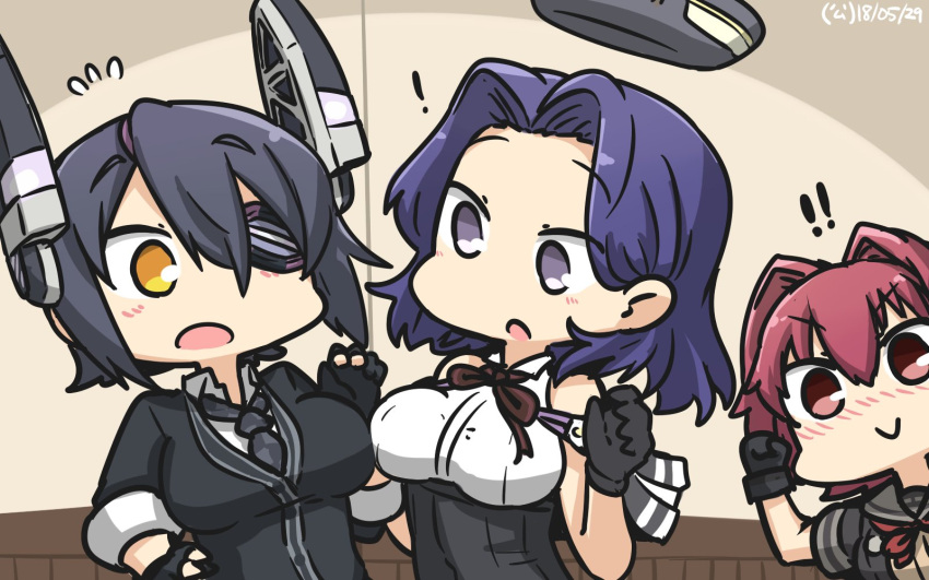 ! !! &gt;:) 3girls blush breasts commentary_request dated eyebrows_visible_through_hair eyepatch fingerless_gloves gloves hamu_koutarou highres kantai_collection kinu_(kantai_collection) large_breasts long_hair mechanical_halo multiple_girls neck_ribbon necktie nose_blush open_mouth purple_hair red_eyes redhead remodel_(kantai_collection) ribbon short_hair tatsuta_(kantai_collection) tenryuu_(kantai_collection) violet_eyes yellow_eyes