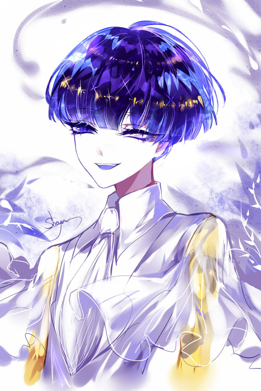 1other absurdres androgynous artist_name bangs blue_eyes blue_hair eyebrows_visible_through_hair golden_arms highres houseki_no_kuni looking_at_viewer necktie open_mouth phosphophyllite_(ll) sheya shirt short_hair short_sleeves signature smile solo spoilers upper_body very_short_hair white_background white_neckwear white_shirt wide_sleeves wings