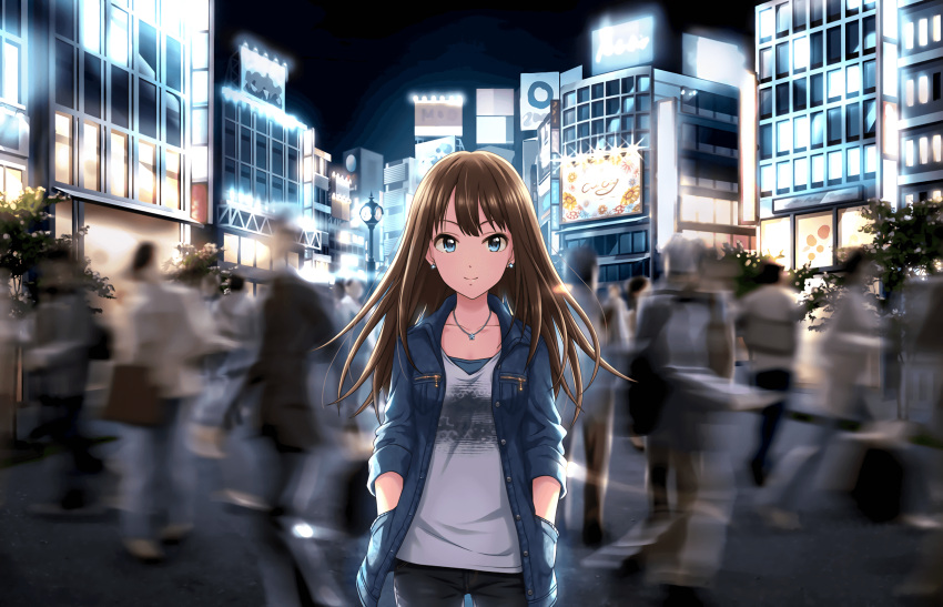 1girl analog_clock artist_request bangs billboard black_pants blue_eyes brown_hair city clock closed_mouth collarbone crowd denim denim_jacket dot_nose earrings eyebrows_visible_through_hair glowing hands_in_pockets highres idolmaster idolmaster_cinderella_girls idolmaster_cinderella_girls_starlight_stage jeans jewelry light_smile lights lips long_hair long_sleeves looking_at_viewer motion_blur necklace night night_sky official_art outdoors pants parted_bangs pocket print_shirt shibuya_rin shirt sky sleeves_rolled_up solo_focus stage_of_magic standing star star_earrings stud_earrings thigh_gap tree unbuttoned white_shirt window wing_collar zipper