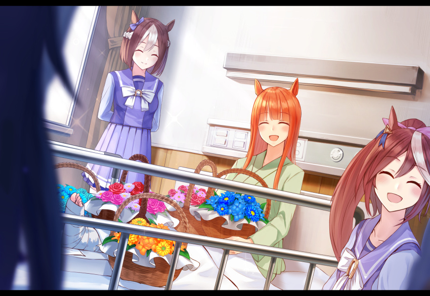 3girls ^_^ animal_ears bangs bed blunt_bangs bow brown_hair cast closed_eyes eyebrows_visible_through_hair flower flower_basket hair_ribbon harukana_(harukana_10) highres horse_ears hospital indoors long_hair multicolored_hair multiple_girls open_mouth orange_hair ponytail ribbon school_uniform short_hair silence_suzuka skirt smile special_week tokai_teio two-tone_hair umamusume