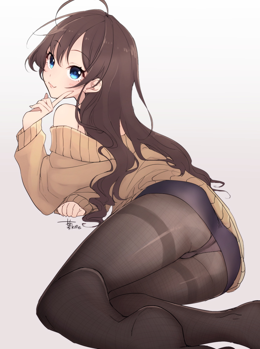 1girl ahoge artist_request ass bangs bare_shoulders black_skirt blue_eyes blush breasts brown_hair brown_sweater eyebrows_visible_through_hair feet gradient gradient_background highres hips ichinose_shiki idolmaster idolmaster_cinderella_girls index_finger_raised legs long_hair looking_at_viewer lying medium_breasts off-shoulder_sweater off_shoulder on_side panties panties_under_pantyhose pantyhose signature skirt smile solo sweater thighband_pantyhose thighs underwear wavy_hair