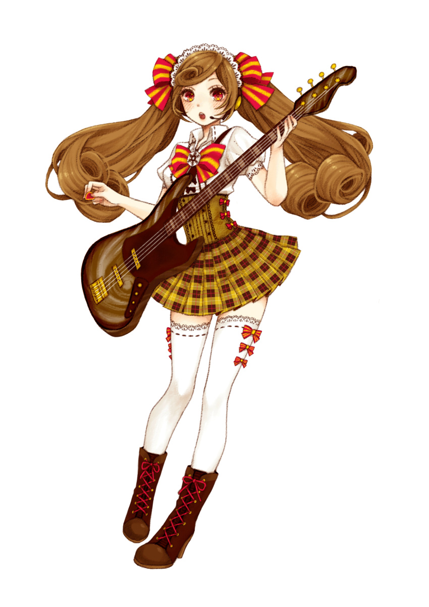1girl absurdres boots bow brown_footwear brown_hair electric_guitar full_body guitar hair_ribbon highres instrument izumi_(maiko) long_hair maid_headdress maidroid_yukico-tan music official_art open_mouth playing_instrument plectrum puffy_short_sleeves puffy_sleeves ribbon short_sleeves solo striped striped_bow thigh-highs transparent_background twintails underbust white_legwear yukico-tan yukijirushi