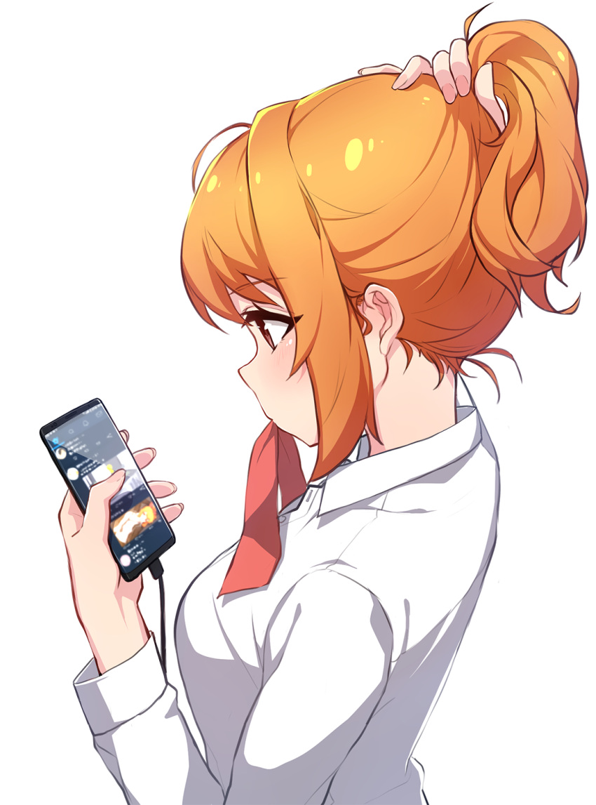 1girl bangs brown_eyes bunching_hair cable cellphone collared_shirt highres holding holding_phone long_sleeves mouth_hold narynn narynn_(character) orange_hair original phone ponytail red_ribbon ribbon ribbon_in_mouth shirt sidelocks smartphone solo upper_body white_background white_shirt