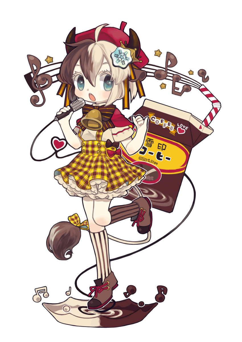 1girl absurdres ahoge animal_ears bell beret blue_eyes bow capelet cow_bell cow_ears cow_horns cow_tail dress frilled_dress frills hair_ornament hairclip hat highres horns methyl_key microphone milk_carton multicolored_hair musical_note official_art open_mouth plaid ribbon shoes short_hair short_sleeves socks staff_(music) standing standing_on_one_leg striped striped_legwear tail tail_ribbon transparent_background two-tone_hair ushikko_yukico-tan white_skin yukico-tan yukijirushi