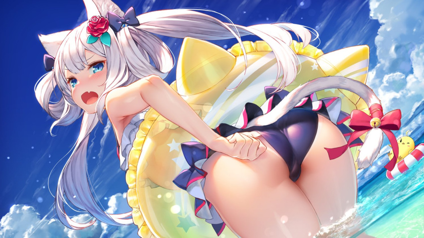 1girl adjusting_clothes adjusting_swimsuit animal_ears ass azur_lane bangs bell bikini bikini_skirt bird blue_eyes blue_sky blush bow cat_ears cat_tail chick clouds commentary_request day dutch_angle eyebrows_visible_through_hair fang flower frilled_bikini frills from_behind hair_bow hair_flower hair_ornament hair_rings hammann_(azur_lane) horizon innertube izumi_sai jingle_bell leaning_forward lifebuoy long_hair looking_at_viewer looking_back ocean open_mouth outdoors ribbon sky solo standing star star_print swimsuit tail tail_bell tail_ribbon tan tanline twintails wading water white_hair