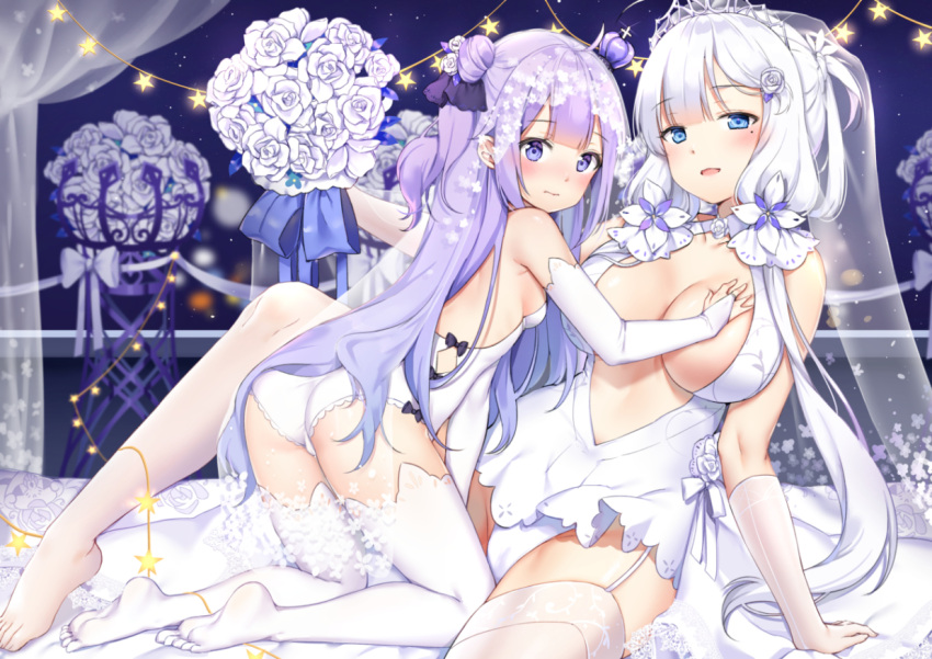 2girls adapted_costume ass azur_lane bangs bare_shoulders bed_sheet black_bow black_ribbon blue_bow blurry blurry_background blush bouquet bow breasts bridal_gauntlets bridal_veil bride cleavage closed_mouth commentary_request crown depth_of_field dress elbow_gloves eyebrows_visible_through_hair flower garter_straps gloves hair_flower hair_ornament hair_ribbon hand_on_breast holding holding_bouquet illustrious_(azur_lane) kneeling large_breasts leotard looking_at_viewer looking_to_the_side mamemena mini_crown multiple_girls no_shoes pantyhose pillow purple_hair ribbon rose see-through small_breasts soles star strapless strapless_leotard thigh-highs tiara transparent unicorn_(azur_lane) veil violet_eyes wavy_mouth white_bow white_dress white_flower white_gloves white_legwear white_leotard white_ribbon white_rose