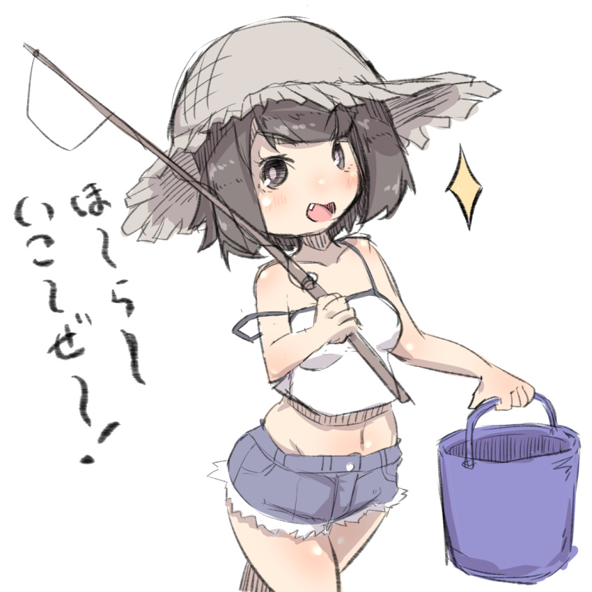 1girl :d bare_arms bare_shoulders blue_shorts blush breasts brown_eyes brown_hair bucket camisole collarbone fang fishing_line fishing_rod hat highres holding holding_bucket holding_fishing_rod kantai_collection long_hair medium_breasts midriff miyuki_(kantai_collection) navel open_mouth short_shorts shorts simple_background smile solo sparkle strap_slip straw_hat translated u-non_(annon'an) white_background white_camisole