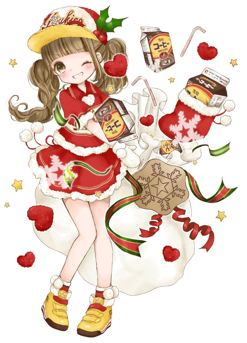 1girl ;d absurdres bangs baseball_cap blunt_bangs christmas drinking_straw full_body fur_trim hat heart highres milk_carton mnmktn official_art one_eye_closed open_mouth pom_pom_(clothes) red_shirt red_skirt ribbon sack santa_costume shirt shoes short_sleeves skirt smile sneakers solo star sweet_jet_yukico-tan thigh-highs transparent_background twintails yellow_eyes yukico-tan yukijirushi