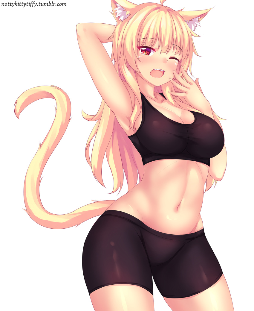 1girl animal_ears arm_up armpits bike_shorts blonde_hair breasts cat_ears cat_tail cleavage cowboy_shot eyebrows_visible_through_hair fast-runner-2024 highres large_breasts long_hair looking_at_viewer midriff navel one_eye_closed original red_eyes simple_background solo sports_bra standing tail tiffy watermark web_address yawning