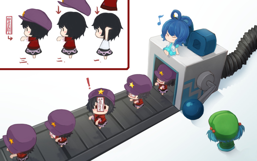 ! 6+girls arms_up backpack bag bangs beret blue_dress blue_hair blush_stickers camisole chibi closed_eyes commentary_request conveyor_belt dress dressing eighth_note hair_bobbles hair_ornament hair_rings hair_stick hands_up hat jakomurashi jiangshi kaku_seiga kawashiro_nitori looking_at_another looking_at_viewer looking_up miyako_yoshika multiple_girls multiple_persona musical_note numbered ofuda outstretched_arms shirt short_hair sitting skirt standing star touhou two_side_up vest zombie_pose