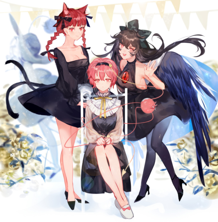 4girls :d alternate_costume animal_ears bare_arms bare_shoulders black_dress black_footwear black_hairband black_legwear black_ribbon black_wings bow braid breasts brown_hair cat_ears cat_tail chair cleavage collarbone commentary_request dress expressionless feathered_wings frilled_shirt_collar frills full_body green_bow hair_between_eyes hair_bow hair_ornament hair_ribbon hairband halter_dress hand_up hat heart heart_hair_ornament high_heels highres holding holding_skull holding_weapon kaenbyou_rin komeiji_koishi komeiji_satori long_hair looking_at_viewer medium_breasts multiple_girls multiple_tails neck_ribbon open_mouth pantyhose pink_bow pink_eyes pink_hair puffy_sleeves red_eyes redhead reiuji_utsuho ribbon short_dress short_hair sitting skull smile standing tail third_eye tian_(my_dear) touhou twin_braids twintails two_tails weapon white_footwear wings yellow_neckwear yellow_ribbon