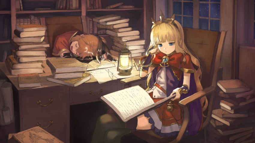 2girls arm_support bangs black_gloves black_ribbon blonde_hair blue_eyes book book_stack bow brown_hair cagliostro_(granblue_fantasy) cape capelet clarisse_(granblue_fantasy) closed_eyes closed_mouth commentary_request desk elbow_gloves eyebrows_visible_through_hair gloves granblue_fantasy green_legwear hair_ribbon head_rest highres holding holding_book indoors lantern long_hair multiple_girls night night_sky open_book open_mouth paper ponytail purple_cape quill reading red_bow red_capelet red_skirt ribbon shirt sitting skirt sky sleeping spikes star_(sky) starry_sky thigh-highs tiara v-shaped_eyebrows very_long_hair wasabi60 white_shirt window