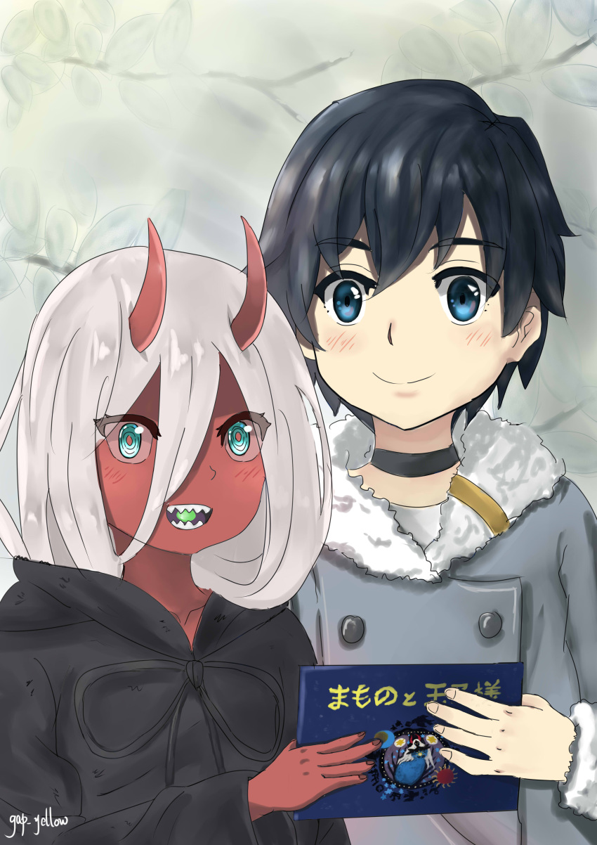 1boy 1girl absurdres bandage black_cloak black_hair blue_eyes blush book candy cloak coat commentary couple darling_in_the_franxx eyebrows_visible_through_hair eyes_visible_through_hair food food_in_mouth fur_trim gap-yellow green_eyes grey_coat hetero highres hiro_(darling_in_the_franxx) holding holding_book hood hooded_cloak horns in_mouth long_hair looking_at_viewer oni_horns parka pink_hair red_horns red_pupils red_sclera red_skin short_hair signature spoilers winter_clothes winter_coat younger zero_two_(darling_in_the_franxx)