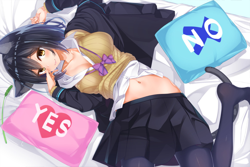 1girl :3 animal_ears arms_up bangs bed_sheet black_blazer black_legwear black_skirt blazer blush breasts brown_eyes cat_ears cat_girl cat_tail cat_teaser closed_mouth clothes_lift collarbone collared_shirt commentary eyebrows_visible_through_hair fingernails hair_between_eyes highres jacket long_hair long_sleeves looking_at_viewer lying medium_breasts nail_polish navel nijisanji no no_shoes on_back open_blazer open_clothes open_jacket pantyhose parutoneru pink_nails pleated_skirt shirt shizuka_rin short_hair skirt solo sweater sweater_lift tail virtual_youtuber white_shirt yes yes-no_pillow