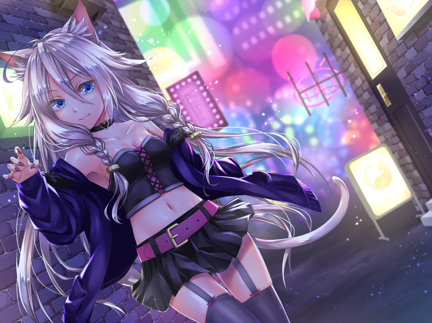 1girl absurdres animal_ears belt black_skirt blue_cardigan blue_eyes breasts cardigan cat_ears cat_tail cleavage collar collarbone cowboy_shot crop_top dutch_angle floating_hair garter_straps grey_legwear hair_between_eyes heart highres ia_(vocaloid) lens_flare long_hair looking_at_viewer medium_breasts midriff miniskirt nail_polish navel night open_cardigan open_clothes outdoors pleated_skirt purple_nails road routo_(rot_0) silver_hair skirt smile solo stomach strapless street tail thigh-highs very_long_hair vocaloid