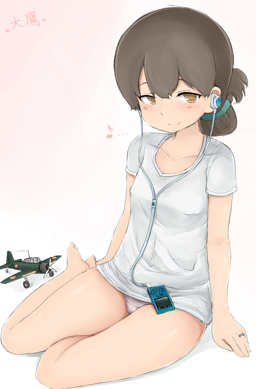 1girl aircraft airplane black_hair blush breasts brown_eyes closed_mouth digital_media_player eyebrows_visible_through_hair gradient gradient_background hair_between_eyes headphones highres jewelry kantai_collection kasuga_maru_(kantai_collection) long_hair looking_at_viewer okiraku_nikku panties pink_panties ponytail ring shirt sitting small_breasts solo twitter_username underwear wedding_ring white_shirt