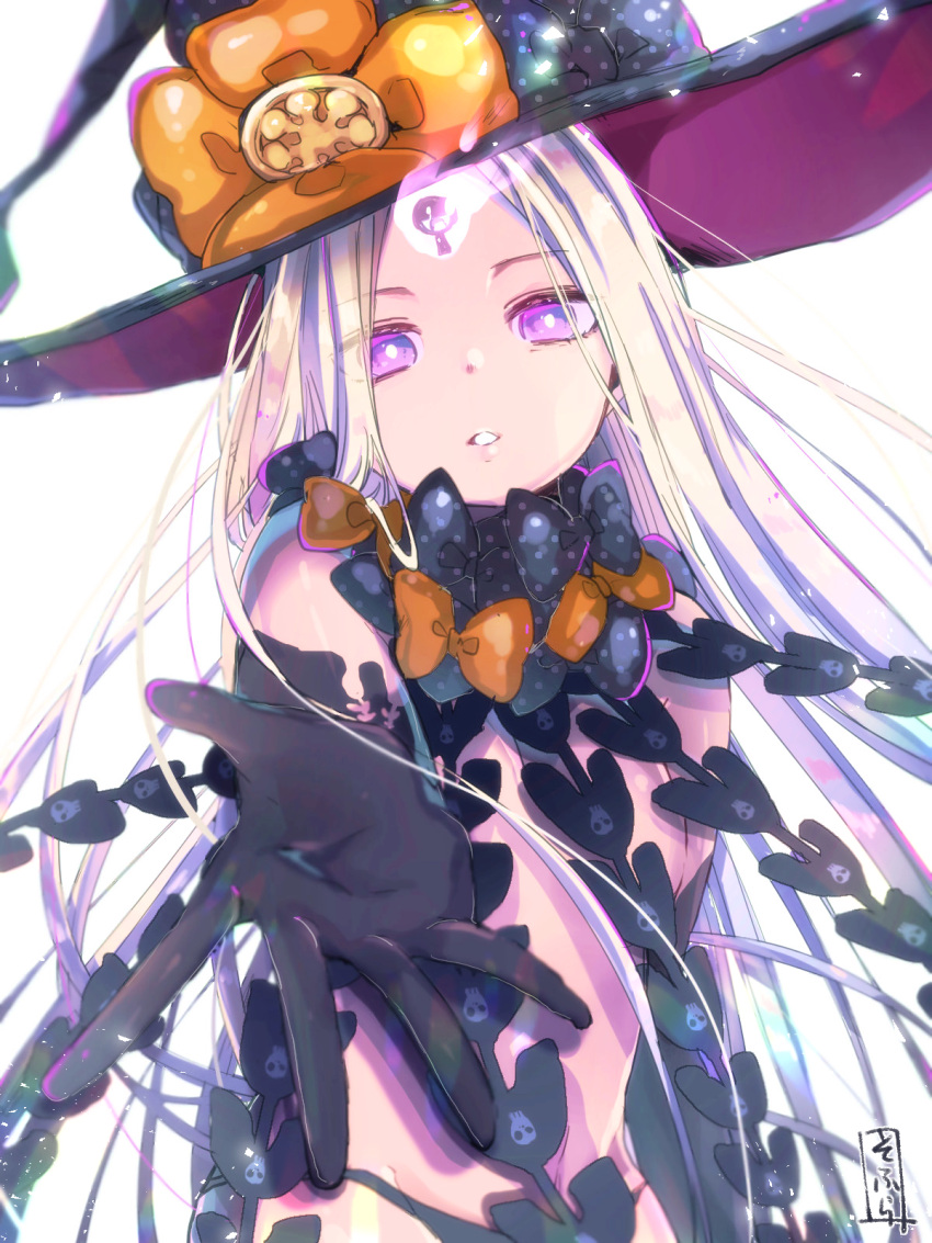 1girl abigail_williams_(fate/grand_order) bangs black_bow black_gloves black_hat black_panties bow elbow_gloves fate/grand_order fate_(series) gloves glowing hat hat_bow head_tilt highres long_hair looking_at_viewer orange_bow outstretched_arm panties parted_bangs parted_lips polka_dot polka_dot_bow revealing_clothes signature silver_hair simple_background skull_print sofra solo topless underwear very_long_hair violet_eyes white_background witch_hat