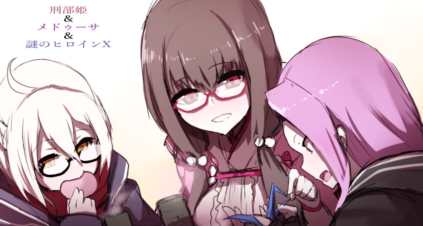 3girls :d artoria_pendragon_(all) bangs black-framed_eyewear black_cloak blue_jacket blush brown_hair center_frills character_name cloak cup eating eyebrows_visible_through_hair fate/grand_order fate_(series) food frills glasses gradient gradient_background hair_between_eyes hair_bobbles hair_ornament holding holding_food hood hood_down hooded_cloak jacket japanese_clothes kimono long_sleeves medusa_(lancer)_(fate) multiple_girls mysterious_heroine_x_(alter) open_mouth orange_eyes origami osakabe-hime_(fate/grand_order) parted_bangs pink_cloak profile purple_hair red-framed_eyewear red_scarf rider scarf semi-rimless_eyewear sketch smile steam track_jacket translated under-rim_eyewear violet_eyes wada_kazu white_background white_hair white_kimono yellow_background yunomi