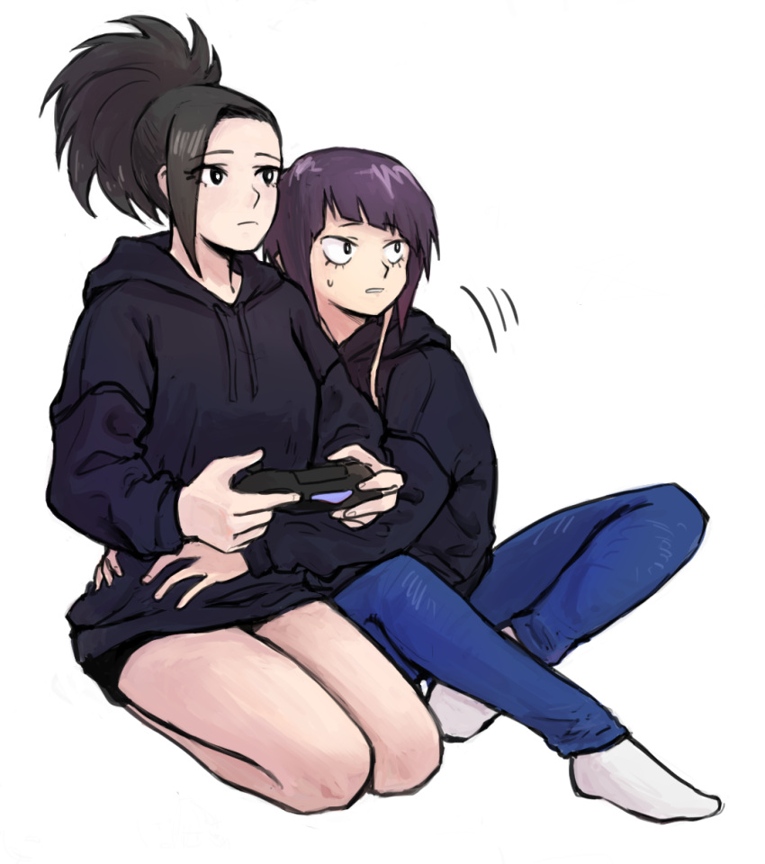 2girls black_hair black_hoodie boku_no_hero_academia commentary controller denim frown game_controller highres holding hood hoodie hug jeans jirou_kyouka long_sleeves multiple_girls pants ponytail purple_hair seiza short_hair single_sidelock sitting socks sweatdrop vvvmung white_background white_legwear yaoyorozu_momo yuri