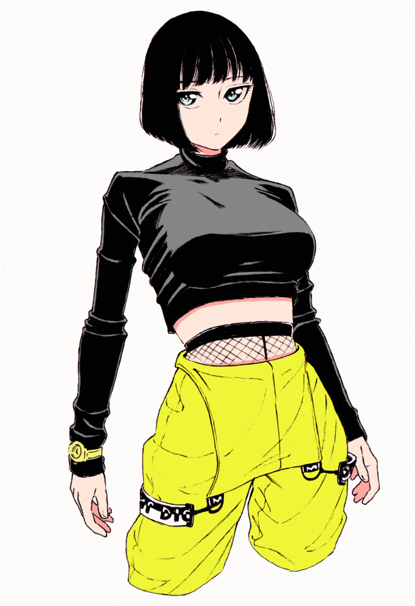 1girl black_hair blue_eyes bob_cut breasts crop_top cropped_legs dende_(dndn222) fashion fishnets highres large_breasts midriff original overalls short_hair solo watch watch white_background