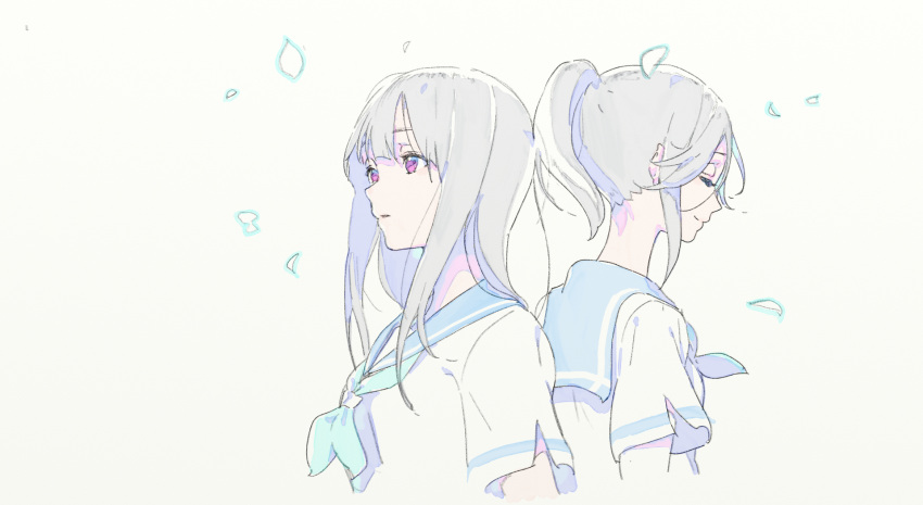 2girls back-to-back blue_neckwear blue_sailor_collar character_request closed_eyes closed_mouth commentary_request grey_hair highres liz_to_aoi_tori multiple_girls nagisa_kurousagi nape neckerchief parted_lips petals pink_eyes ponytail sailor_collar school_uniform serafuku shirt short_sleeves smile white_shirt