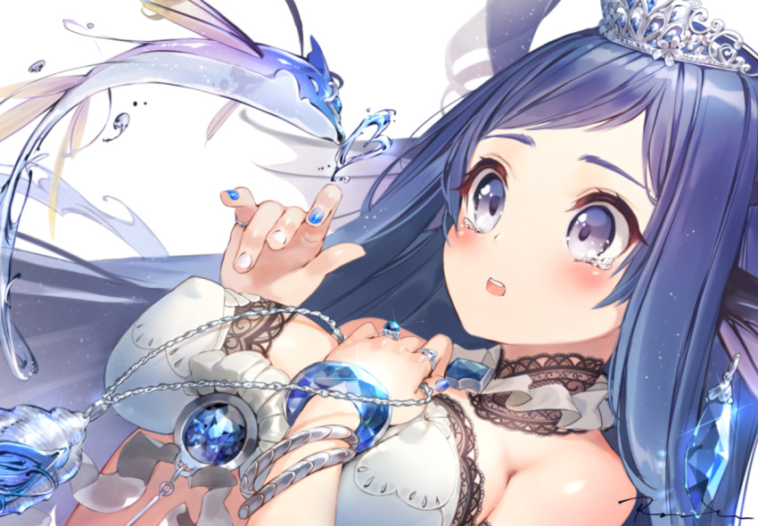 1girl bangs bare_shoulders blue_eyes blue_hair blue_nails blush bra bracelet breasts character_request commentary_request crystal detached_collar gem glint hakura_kusa hand_on_own_chest hands_up heart holding_necklace jewelry lace large_breasts long_hair looking_away multicolored multicolored_nails nail_polish necklace_removed open_mouth parted_bangs ring sapphire_(stone) shell shiny shiny_hair signature simple_background solo straight_hair tears tiara underwear upper_body water white_background white_bra white_nails