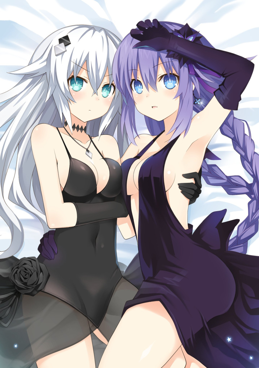 2girls black_dress black_heart blue_eyes blush braid breasts covered_navel dress earrings elbow_gloves gloves green_eyes hair_ornament hand_up highres jewelry long_hair looking_at_viewer medium_breasts multiple_girls neptune_(series) power_symbol purple_hair purple_heart ribbon symbol-shaped_pupils twin_braids very_long_hair white_hair zero_(ray_0805)