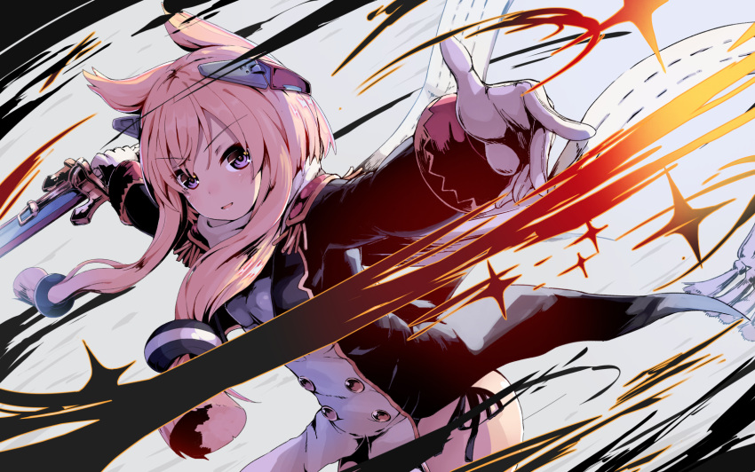 1girl animal_ears azur_lane bangs blonde_hair commentary_request epaulettes eyebrows_visible_through_hair gloves headgear highres holding holding_sword holding_weapon jacket long_hair long_sleeves looking_at_viewer military military_uniform neme1228 no_pants open_mouth panties scarf side-tie_panties sidelocks solo sword underwear uniform violet_eyes warspite_(azur_lane) weapon white_gloves
