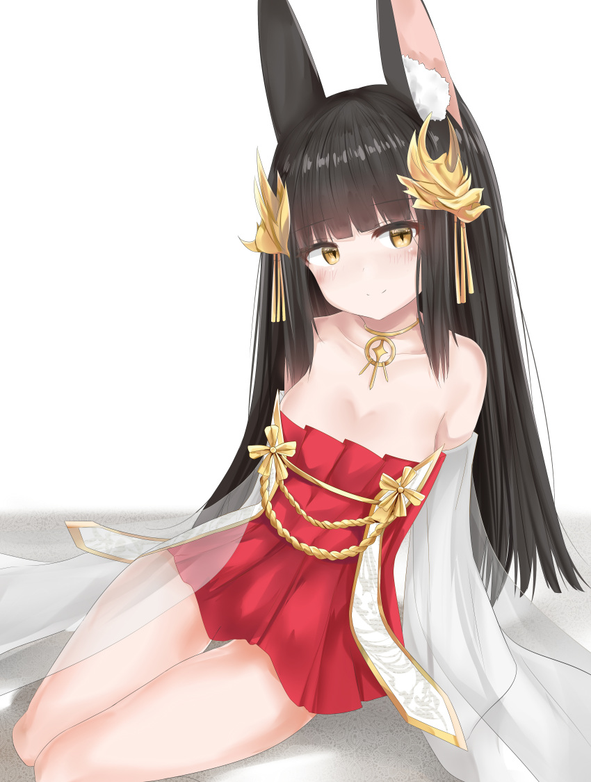 1girl absurdres animal_ears azur_lane bangs bare_shoulders black_hair blunt_bangs blush breasts cleavage closed_mouth collarbone commentary_request dress eyebrows_visible_through_hair hair_ornament highres long_hair looking_at_viewer medium_breasts nagato_(azur_lane) red_eyes ru_zhai smile solo strapless strapless_dress very_long_hair white_background yellow_eyes