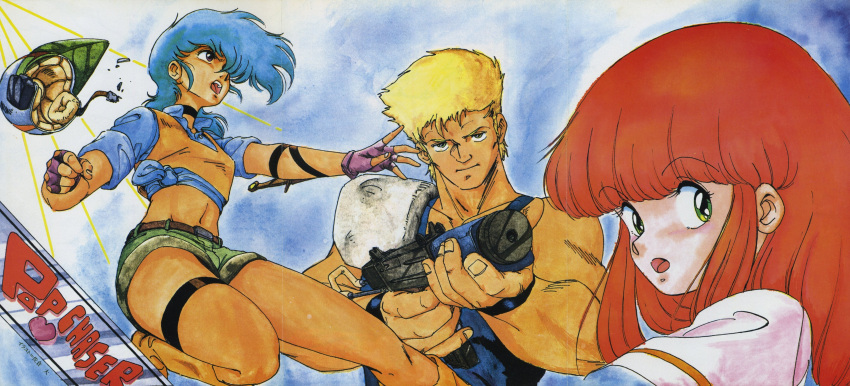 1boy 2girls 80s :o absurdres arm_strap blonde_hair blue_background blue_hair boots choker clenched_hand copyright_name cream_lemon eyebrows_visible_through_hair fingerless_gloves gloves green_eyes gun hair_over_one_eye headwear_removed helmet helmet_removed highres holding holding_gun holding_weapon leg_strap long_hair looking_at_viewer midriff multiple_girls navel official_art oldschool open_mouth pop_chaser redhead scan shirt short_hair short_sleeves shorts shoulder_pads thigh_strap tied_shirt traditional_media watercolor_(medium) weapon