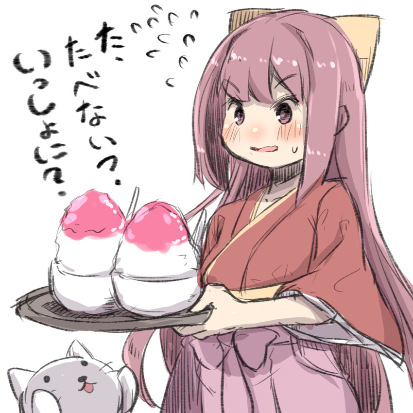 1girl animal bangs blush bow bowl brown_kimono cat eyebrows_visible_through_hair flying_sweatdrops hair_bow hakama highres holding holding_tray japanese_clothes kamikaze_(kantai_collection) kantai_collection kimono long_hair long_sleeves pink_hair pink_hakama shaved_ice short_kimono simple_background solo sweat translated tray u-non_(annon'an) v-shaped_eyebrows very_long_hair white_background wide_sleeves yellow_bow