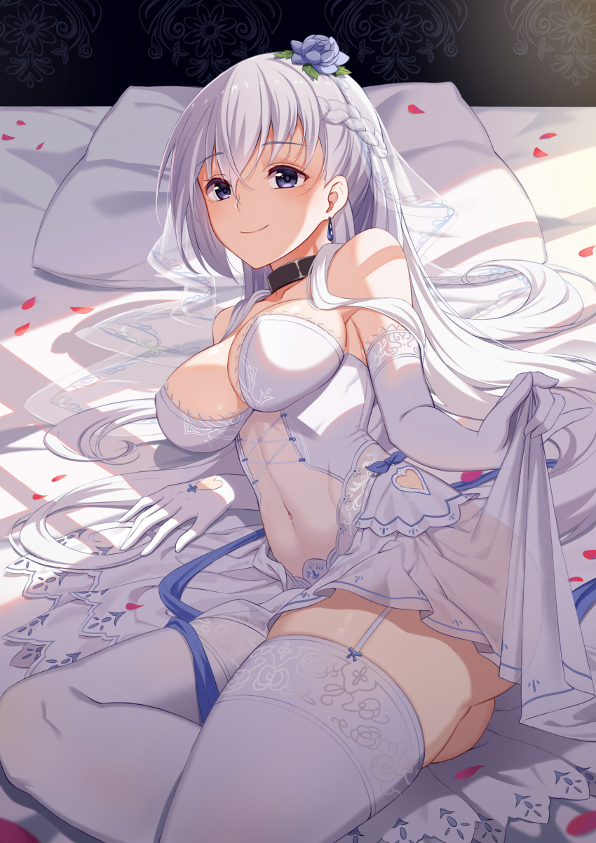 1girl absurdres arm_support ass azur_lane bangs baseness bed_sheet belfast_(azur_lane) blue_eyes blush braid breasts bridal_veil bride cleavage closed_mouth collar collarbone dress dress_lift elbow_gloves eyebrows_visible_through_hair flower french_braid garter_straps gloves hair_flower hair_ornament highres large_breasts long_hair looking_at_viewer lying navel on_bed pantyhose petals pillow see-through sidelocks silver_hair skindentation smile solo stomach strapless strapless_dress thighs veil wedding_dress white_gloves white_legwear