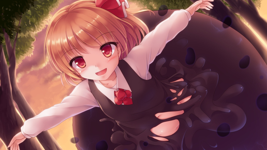 1girl :d ascot black_vest blonde_hair blush commentary darkness dissolving_clothes evening eyebrows_visible_through_hair hair_ribbon highres long_sleeves looking_at_viewer lzh navel open_mouth outdoors outstretched_arms red_eyes ribbon rumia shirt short_hair smile solo spread_arms touhou tree vest white_shirt