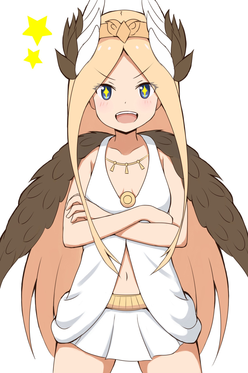 +_+ 1girl :d abigail_williams_(fate/grand_order) absurdres bangs bare_arms bare_shoulders blue_eyes blush breasts brown_wings circe_(fate/grand_order) circe_(fate/grand_order)_(cosplay) circlet collarbone commentary_request cosplay cowboy_shot crossed_arms dress eyebrows_visible_through_hair fate/grand_order fate_(series) feathered_wings hair_wings highres long_hair looking_at_viewer mitchi navel open_mouth parted_bangs pleated_skirt simple_background skirt sleeveless sleeveless_dress small_breasts smile solo star upper_teeth v-shaped_eyebrows very_long_hair white_background white_dress white_skirt white_wings wings