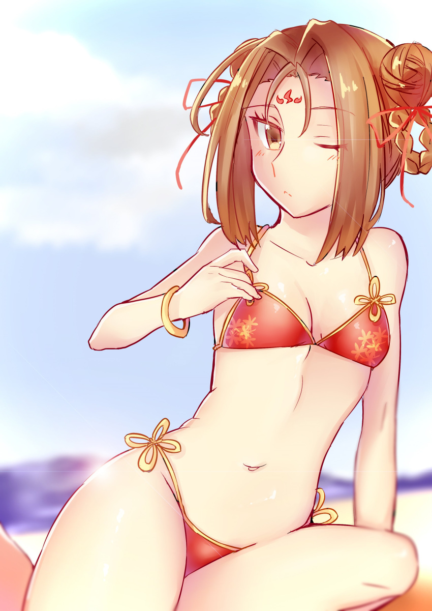 1girl absurdres bangs beach bikini blue_sky breasts brown_hair cleavage clouds commentary_request double_bun facial_mark fate/grand_order fate_(series) forehead_mark frown hair_ribbon hair_rings highres kamonoya looking_at_viewer nezha_(fate/grand_order) one_eye_closed parted_bangs red_bikini red_ribbon ribbon short_hair sitting sky small_breasts solo sun_glare swimsuit