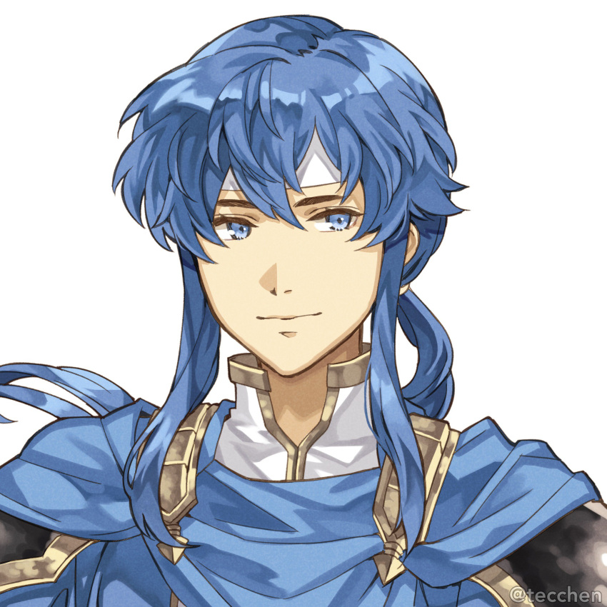 1boy blue_eyes blue_hair cape celice_(fire_emblem) fire_emblem fire_emblem:_seisen_no_keifu headband highres long_hair male_focus simple_background smile solo tecchen white_background