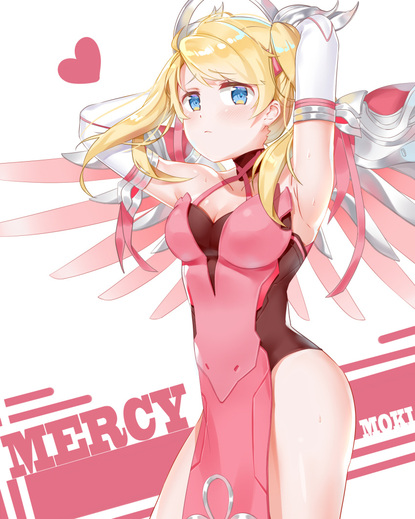1girl :c alternate_costume alternate_hairstyle armpits arms_behind_head artist_name bare_shoulders blonde_hair blue_eyes blush breasts character_name cleavage collarbone cowboy_shot criss-cross_halter dress elbow_gloves eyebrows_visible_through_hair gloves hair_ribbon halterneck han_mao_ji_moki heart highres looking_at_viewer mechanical_halo mechanical_wings medium_breasts mercy_(overwatch) overwatch pelvic_curtain pink_dress pink_mercy pink_ribbon ribbon signature simple_background sleeveless sleeveless_dress solo sweat thighs twintails white_background white_gloves wings