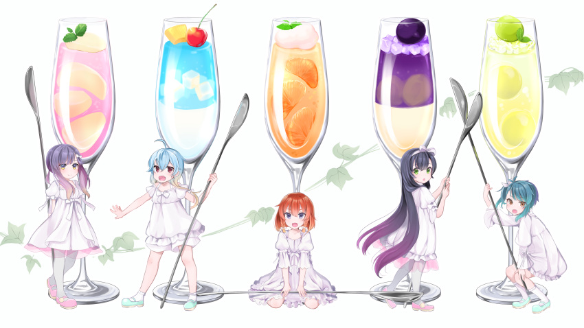 5girls absurdres ahoge blonde_hair blue_footwear blue_hair bow braid champagne_flute cherry commentary_request cup dress drinking_glass etorofu_(kantai_collection) food fruit fukae_(kantai_collection) gelatin gradient_hair green_eyes grey_legwear hairband highres kantai_collection long_hair matsuwa_(kantai_collection) minigirl multicolored_hair multiple_girls pantyhose pink_footwear puffy_short_sleeves puffy_sleeves purple_hair red_eyes redhead sado_(kantai_collection) short_hair short_sleeves sidelocks spoon tsushima_(kantai_collection) violet_eyes white_background white_bow white_dress white_hairband yunamaro