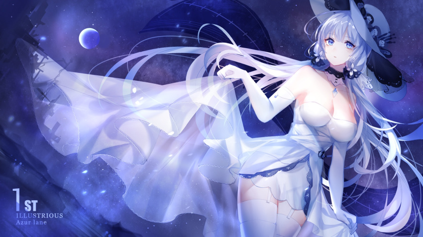 1girl anchor_symbol armlet azur_lane bangs blue_eyes blunt_bangs blush breasts character_name choker cleavage cowboy_shot dress dress_lift elbow_gloves eyebrows_visible_through_hair flight_deck garter_straps gloves hair_ornament hair_ribbon hat highres illustrious_(azur_lane) jewelry lace-trimmed_hat large_breasts long_hair looking_at_viewer low_twintails mole mole_under_eye moon night night_sky parted_lips pendant ribbon sapphire_(stone) see-through sidelocks sky solo star_(sky) starry_sky sun_hat thigh-highs tress_ribbon twintails wallpaper white_dress white_gloves white_hair white_hat yu_jiu
