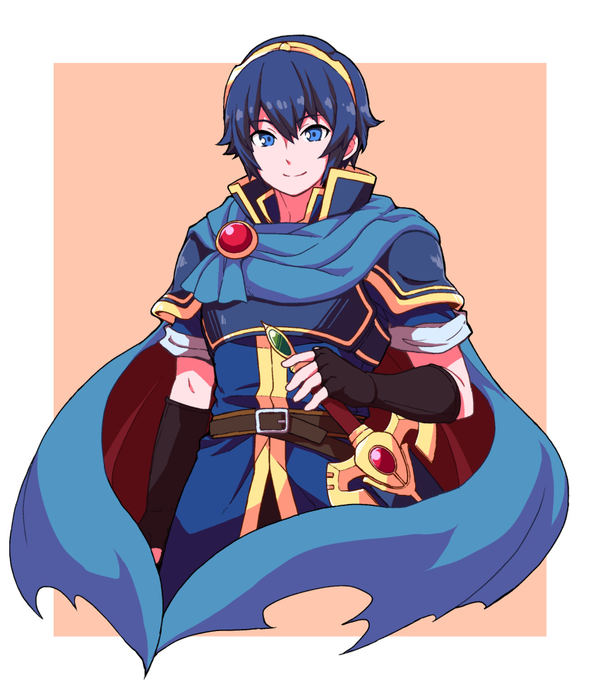 1boy arm_at_side armor bangs belt_buckle black_gloves blue_cape blue_eyes blue_hair breastplate brooch brown_belt brown_cape buckle cape closed_mouth cropped_legs eyebrows_visible_through_hair fingerless_gloves fire_emblem fire_emblem:_mystery_of_the_emblem fire_emblem_heroes gem gloves hair_between_eyes hair_ornament hairband high_collar highres jewelry looking_at_viewer male_focus marth nazonazo_(nazonazot) pauldrons pink_background scabbard sheath sheathed shiny shiny_hair short_sleeves sidelocks smile solo standing sword torn_cape tunic weapon white_background
