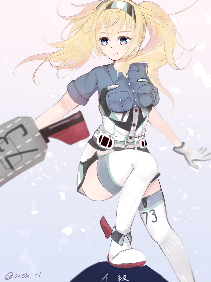 absurdres belt blonde_hair blue_eyes blue_shirt breast_pocket breasts buttons collared_shirt commentary_request flight_deck gambier_bay_(kantai_collection) gloves hair_between_eyes hairband highres kantai_collection large_breasts multicolored multicolored_clothes multicolored_gloves pocket rudder_shoes shino_saki shinosaki shirt short_sleeves shorts thigh-highs twintails white_legwear