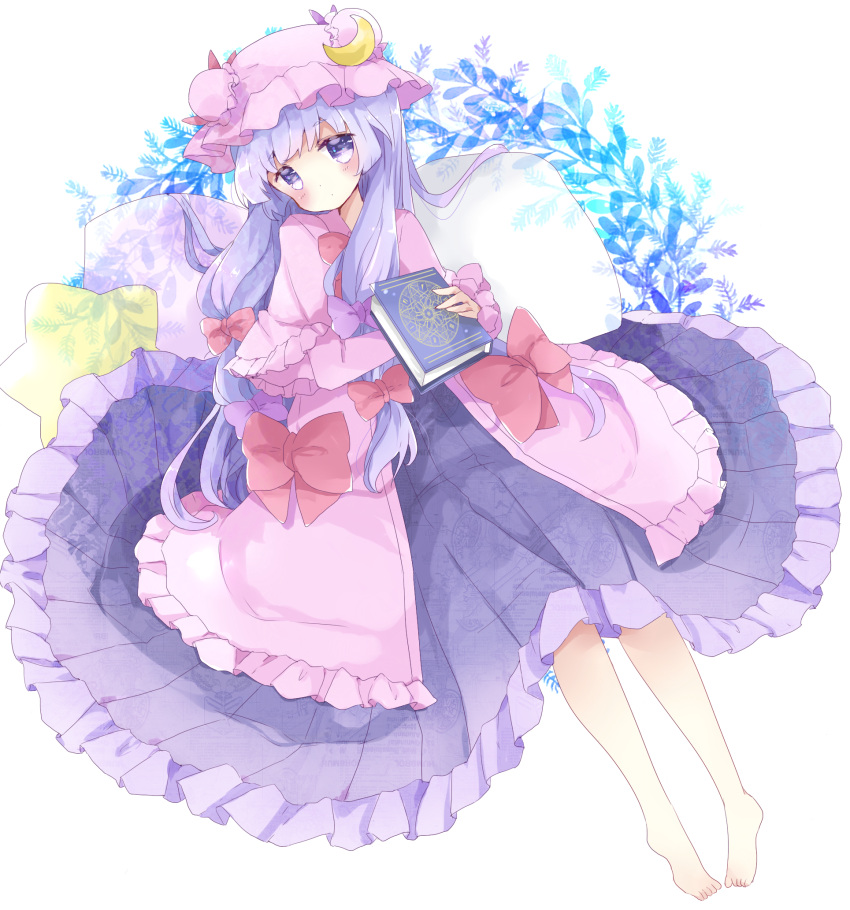 1girl bangs barefoot blush book bow closed_mouth commentary crescent dress hair_bow hat highres holding holding_book long_hair long_sleeves looking_at_viewer lying mob_cap on_back patchouli_knowledge pillow pink_capelet pink_dress pink_hat purple_bow purple_dress purple_hair red_bow sleeves_past_wrists solo star star_pillow symbol_commentary touhou tsukiyo_(skymint) very_long_hair violet_eyes white_background