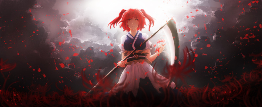 1010kman 1girl backlighting blurry blurry_foreground breasts clouds cloudy_sky depth_of_field expressionless flower hair_bobbles hair_ornament highres holding holding_scythe japanese_clothes long_hair looking_at_viewer medium_breasts onozuka_komachi puffy_short_sleeves puffy_sleeves red_eyes redhead scythe short_sleeves skirt sky solo spider_lily standing touhou twintails two_side_up