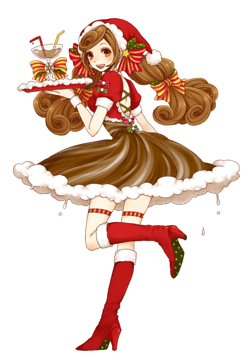 1girl absurdres boots brown_dress brown_eyes brown_hair christmas cup dress drinking_glass drinking_straw full_body fur_trim hat highres izumi_(maiko) long_hair looking_at_viewer looking_back maidroid_yukico-tan official_art open_mouth puffy_short_sleeves puffy_sleeves red_footwear santa_hat short_sleeves smile solo standing standing_on_one_leg thigh_strap transparent_background tray twintails yukico-tan yukijirushi