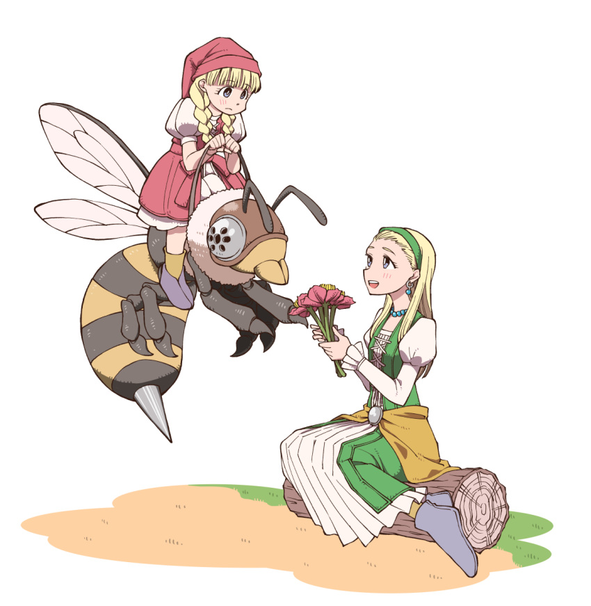 2girls animal bee blonde_hair blue_eyes blush braid bug commentary_request dragon_quest dragon_quest_xi earrings flower frown green_hairband hairband hat highres holding holding_flower insect jewelry juliet_sleeves log long_hair long_sleeves looking_at_another multiple_girls open_mouth oversized_animal pink_flower puffy_short_sleeves puffy_sleeves red_hat riding rokuno senya_(dq11) short_sleeves sitting twin_braids veronica_(dq11) white_background