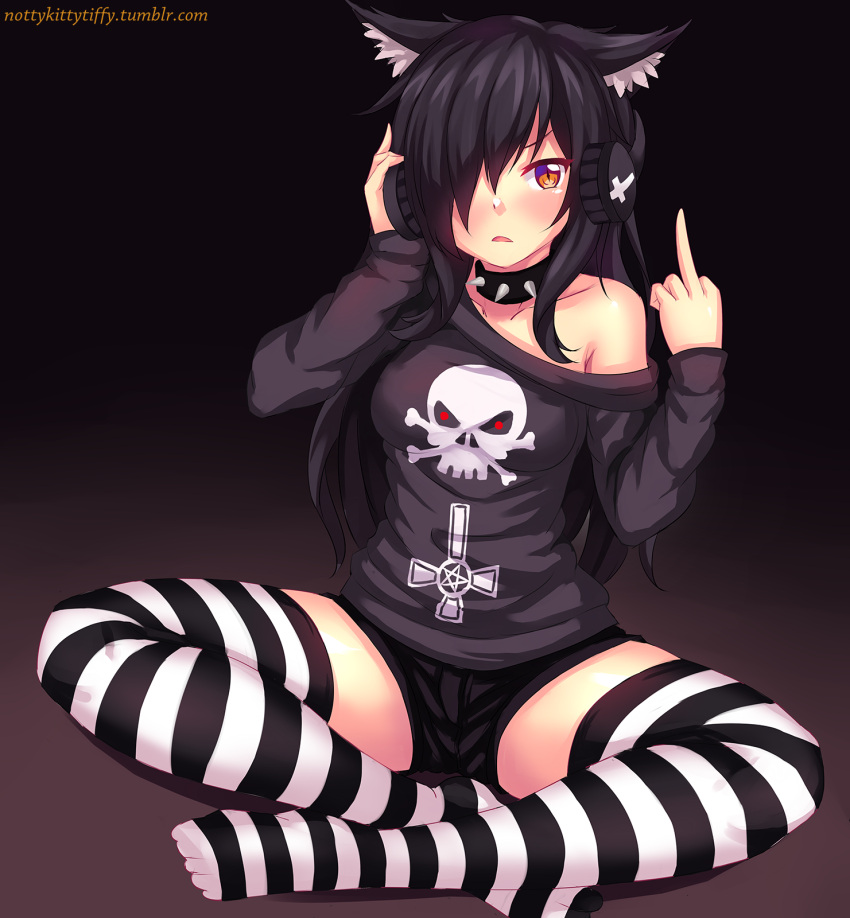 1girl animal_ears betsy_(fast-runner-2024) black_hair cat_ears collar fast-runner-2024 gradient gradient_background hand_on_headphones headphones highres indian_style long_hair middle_finger off_shoulder original red_eyes shorts sitting solo spiked_collar spikes striped striped_legwear thigh-highs watermark web_address