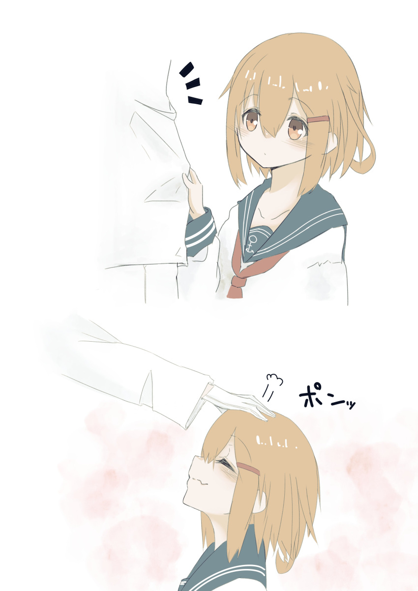 2koma absurdres admiral_(kantai_collection) anchor_symbol artist_request brown_hair closed_eyes closed_mouth comic fang gloves hair_ornament hairclip highres ikazuchi_(kantai_collection) kantai_collection neckerchief petting red_neckwear sailor_collar school_uniform serafuku shirt smile white_background white_gloves white_shirt