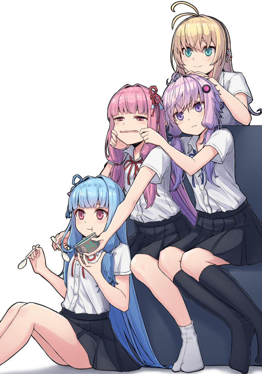 4girls :t ahoge amekaze_yukinatsu antenna_hair aqua_eyes bangs black_legwear blonde_hair blue_hair blue_ribbon cheek_pinching commentary_request couch dress_shirt eating food hair_intakes hair_ribbon hairband hand_on_another's_head highres holding holding_spoon ice_cream kneehighs knees_up kotonoha_akane kotonoha_aoi long_hair looking_at_viewer multiple_girls neck_ribbon open_mouth pinching pink_eyes pink_hair pleated_skirt purple_hair red_ribbon ribbon shirt short_sleeves siblings sidelocks sisters sitting skirt smile socks spoon tsurumaki_maki twins very_long_hair violet_eyes vocaloid voiceroid white_background white_legwear white_shirt yuzuki_yukari