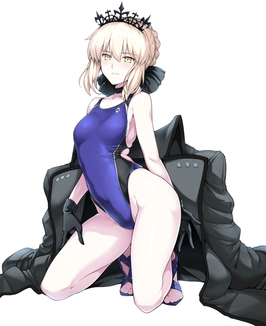 1girl arched_back arm_behind_back artoria_pendragon_(all) artoria_pendragon_(swimsuit_rider_alter) bangs bare_shoulders black_bow black_choker black_gloves black_jacket blonde_hair blue_footwear blue_swimsuit blush bow braid breasts choker collarbone commentary_request competition_swimsuit covered_navel cross-laced_sandals eyebrows_visible_through_hair fate/grand_order fate/stay_night fate_(series) french_braid full_body gloves hair_bow hand_on_thigh harukon_(halcon) highleg highleg_swimsuit highres hips jacket jacket_removed kneeling light_smile looking_at_viewer one-piece_swimsuit pale_skin parted_lips sandals side_cutout sidelocks simple_background small_breasts solo swimsuit thighs tiara waist white_background yellow_eyes