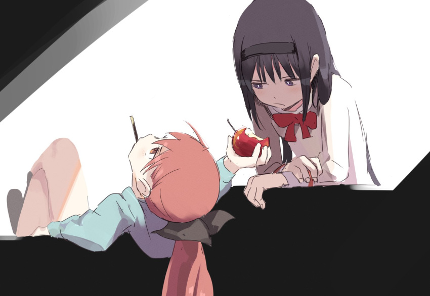 2girls akemi_homura apple bite_mark black_bow black_hair black_hairband bow food fruit hair_bow hairband holding holding_fruit leaning_back long_hair long_sleeves looking_at_another mahou_shoujo_madoka_magica mouth_hold multiple_girls pocky ponytail red_eyes redhead sakura_kyouko samidare shadow violet_eyes